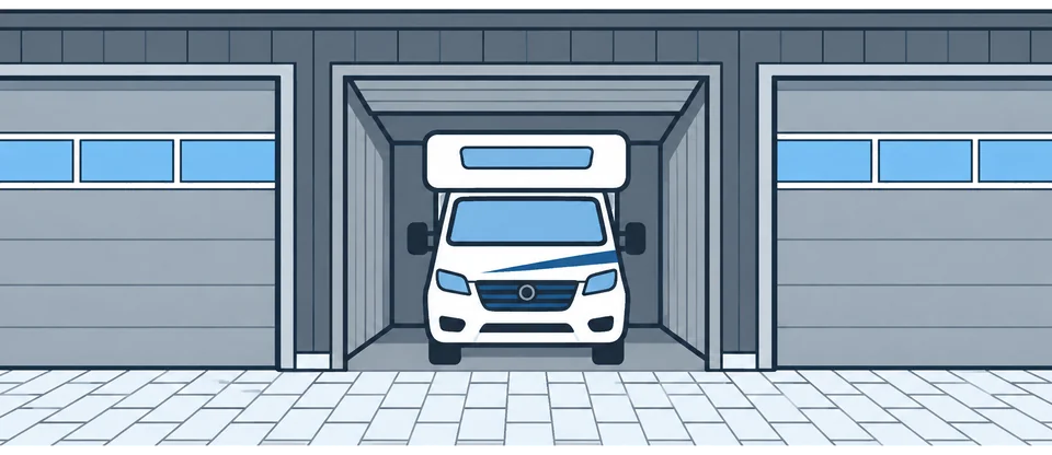 Illustration: große Halle mit hochgefahrenem Tor, darin ein Wohnmobil, links und rechts die Nachbarhallen mit geschlossenen Toren