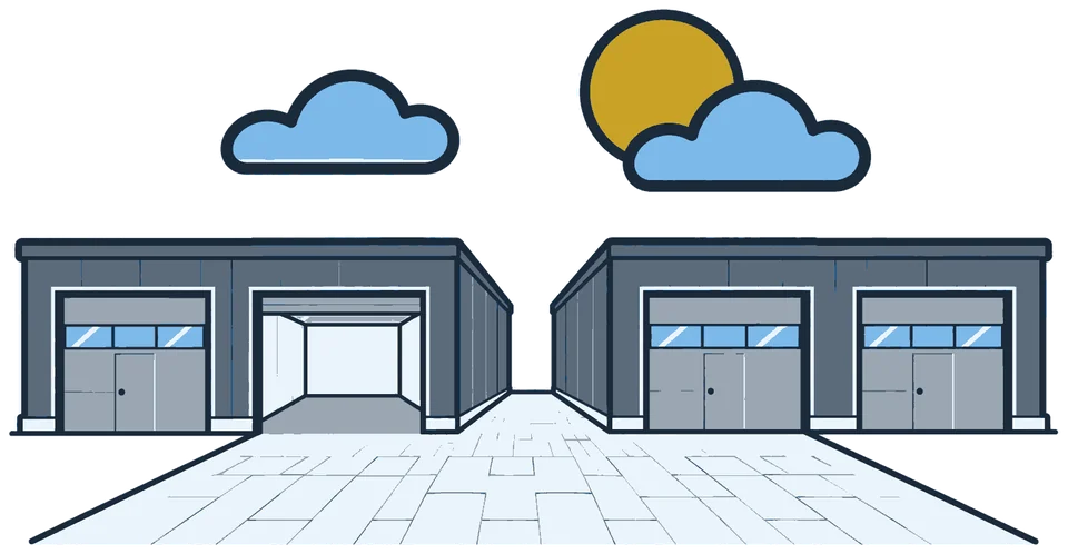 Illustration der Anlage: zwei Hallengebäude an einer gepflasterten Zufahrt, ein Tor offen, darüber Wolken und Sonne